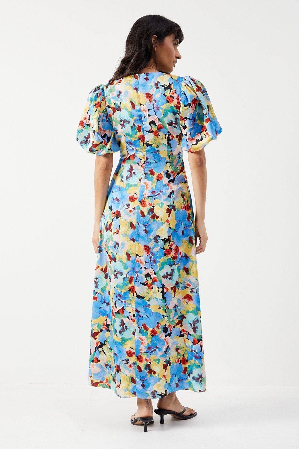 Warehouse Satin Ruched Front Puff Sleeve Midi Dress Floral image 3