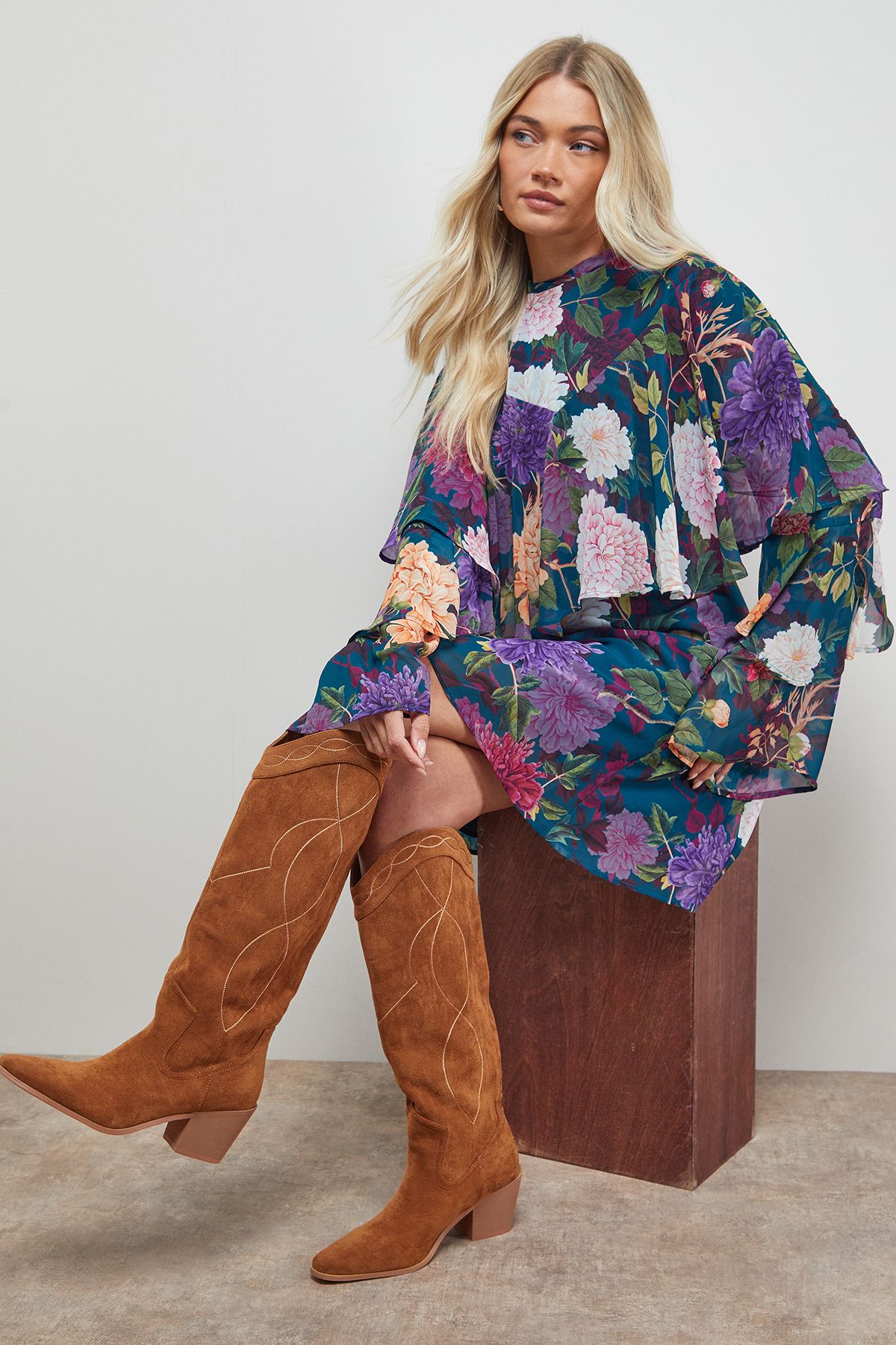 Oasis Ruffled Cape Sleeve Mini Dress Floral image 2