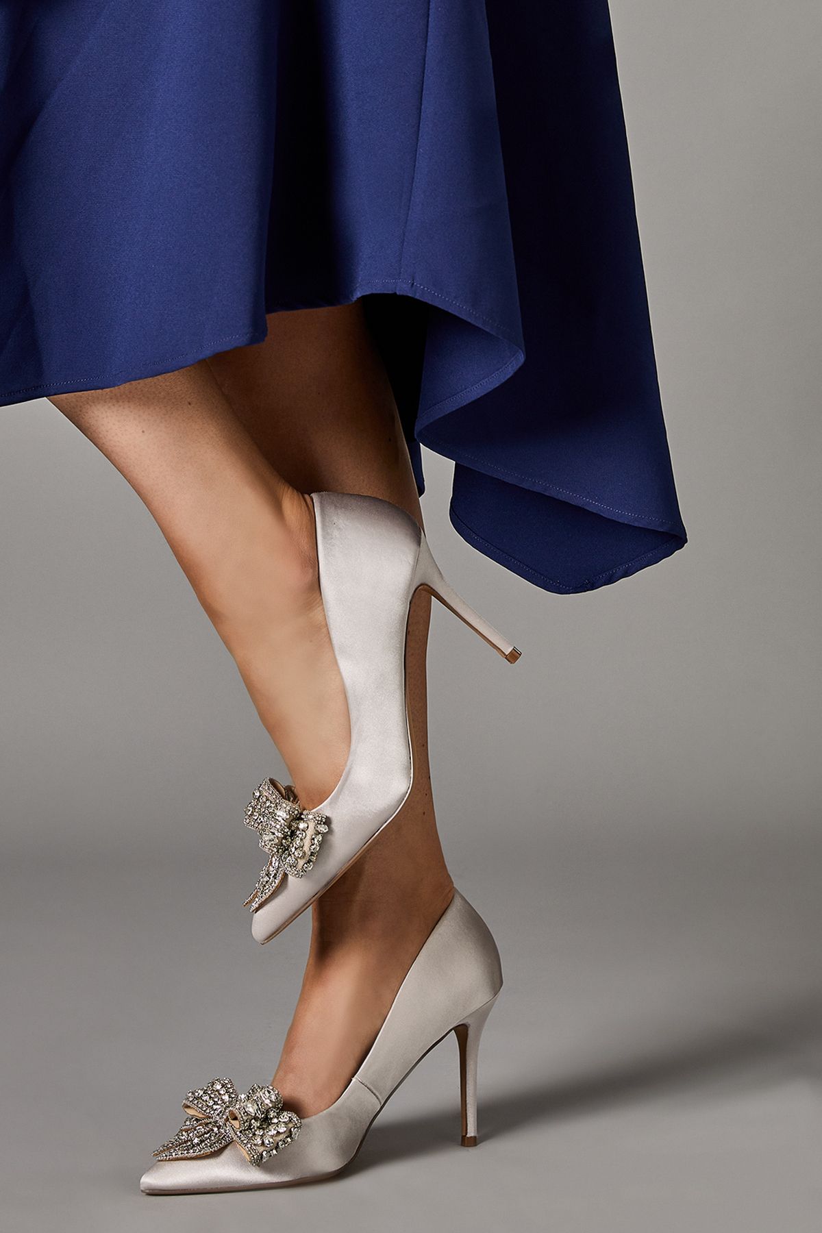 Coast Wide Fit Tania Satin Embellished Bow High Heel Stiletto Court Shoes Silver image 1