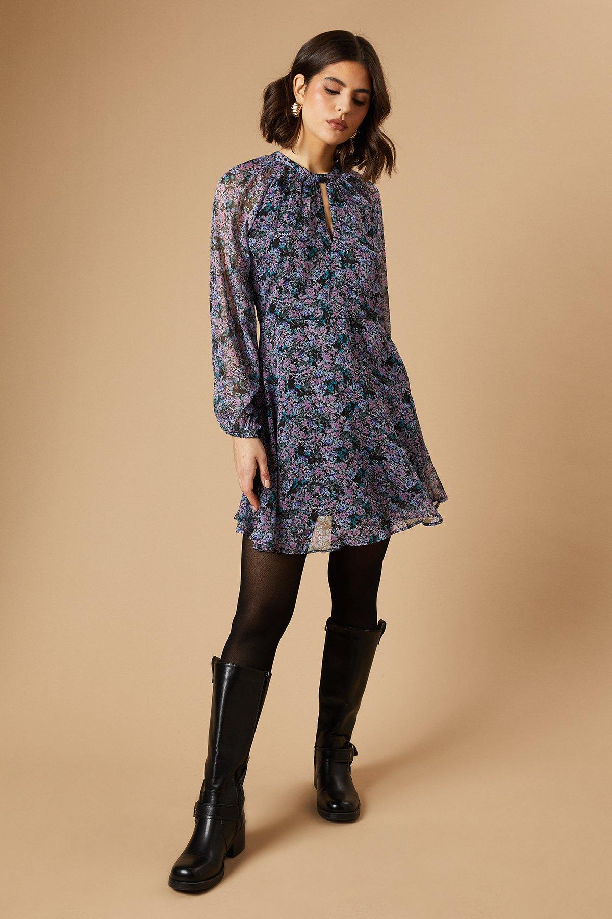 Oasis Ditsy Chiffon Keyhole Mini Dress image 2