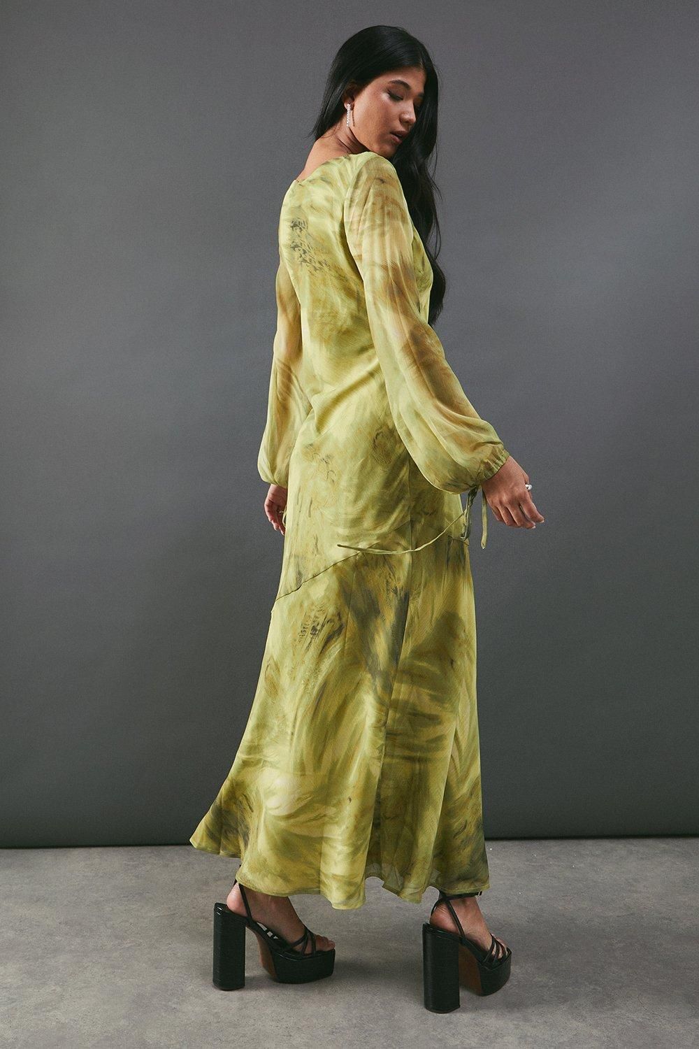 Warehouse Chiffon Feather Print Volume Sleeve Maxi Dress Chartreuse image 3
