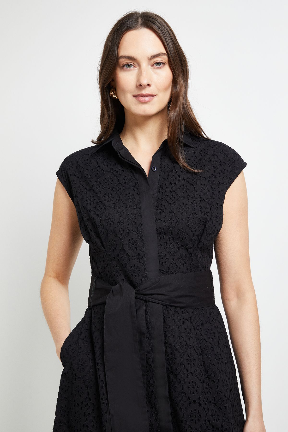 Principles Black Broderie Tie Waist Midi Shirt Dress Black image 4