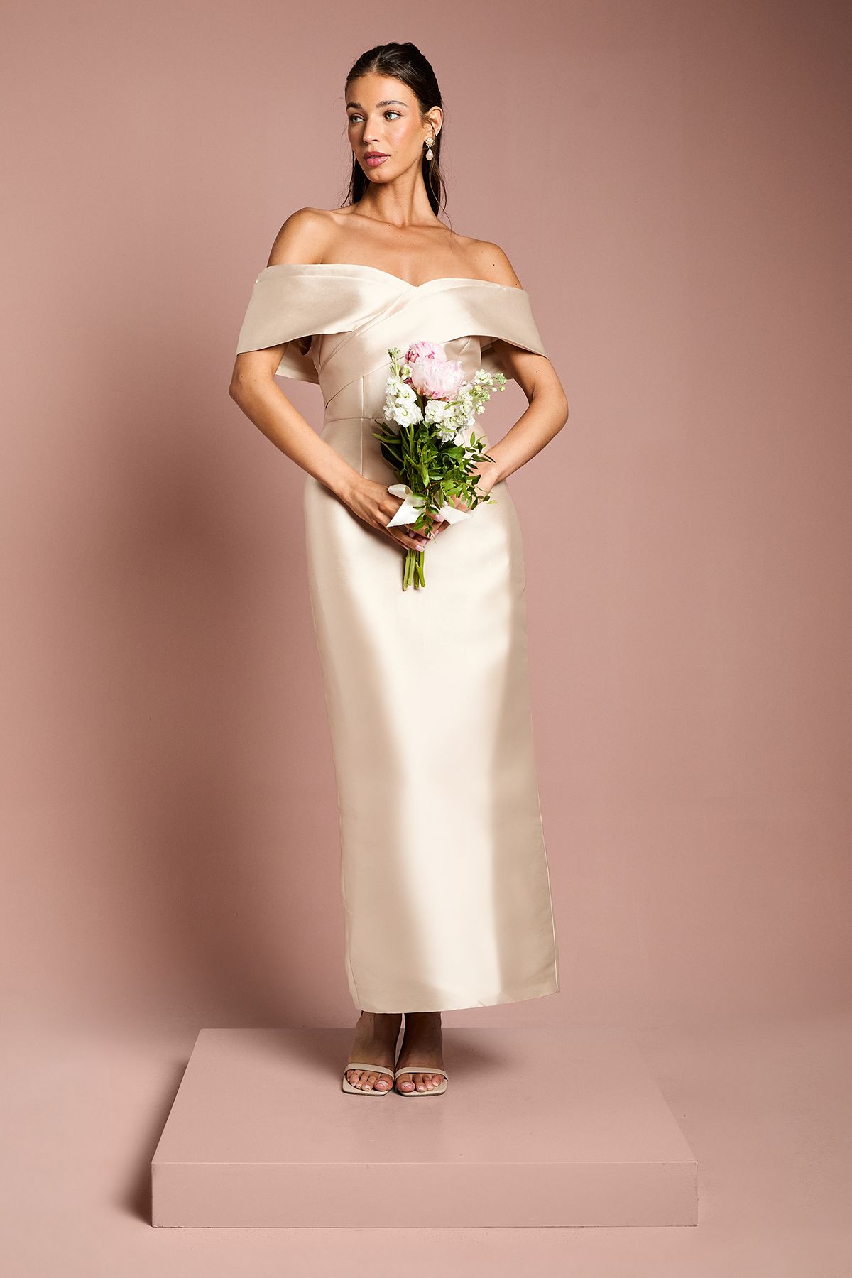 Coast Twill Bardot Pleat Detail Column Detail Maxi Bridesmaid Dress Champagne image 1