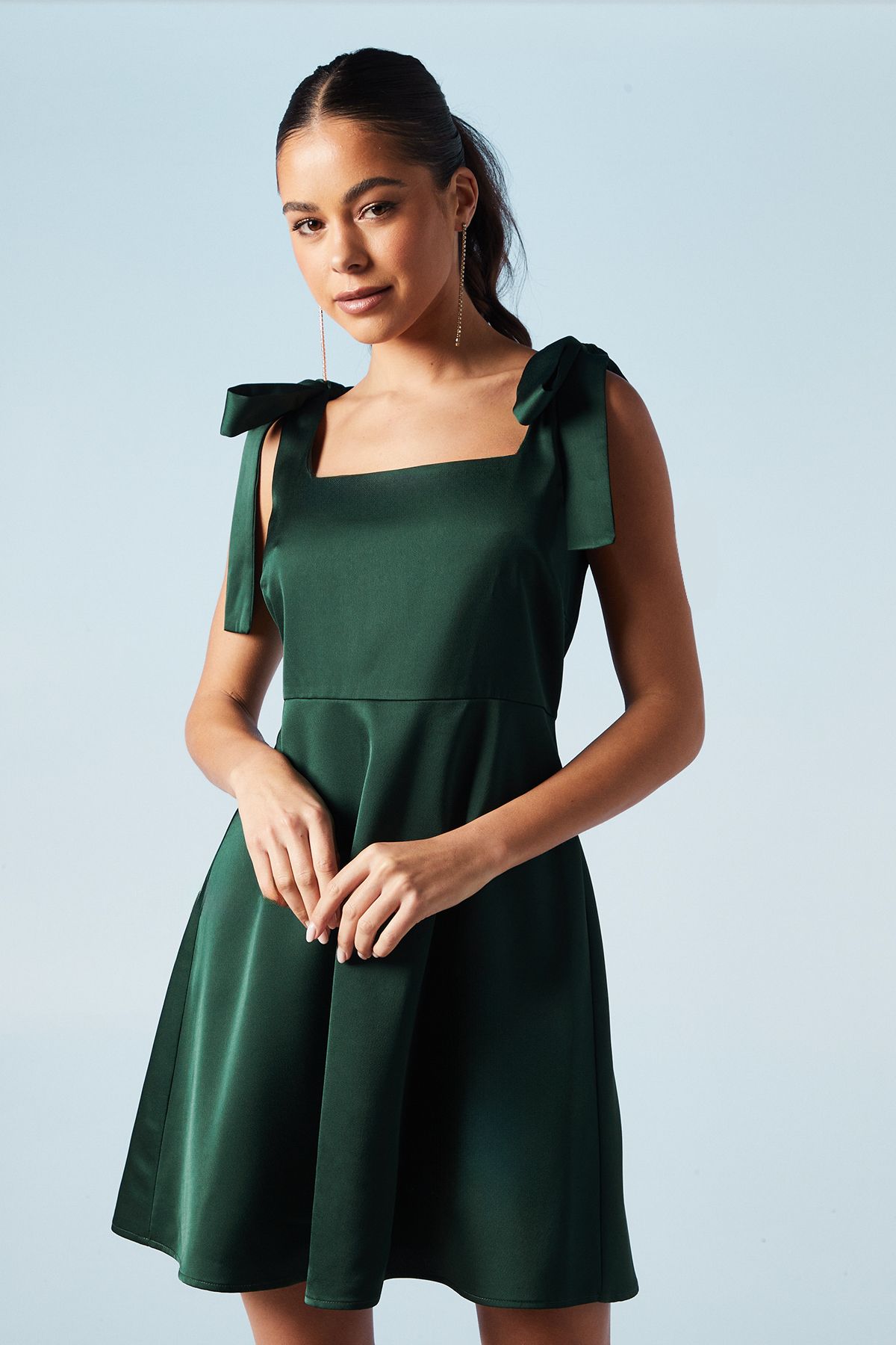 Oasis Tie Shoulder Satin Bridesmaid Mini Dress Emerald image 1