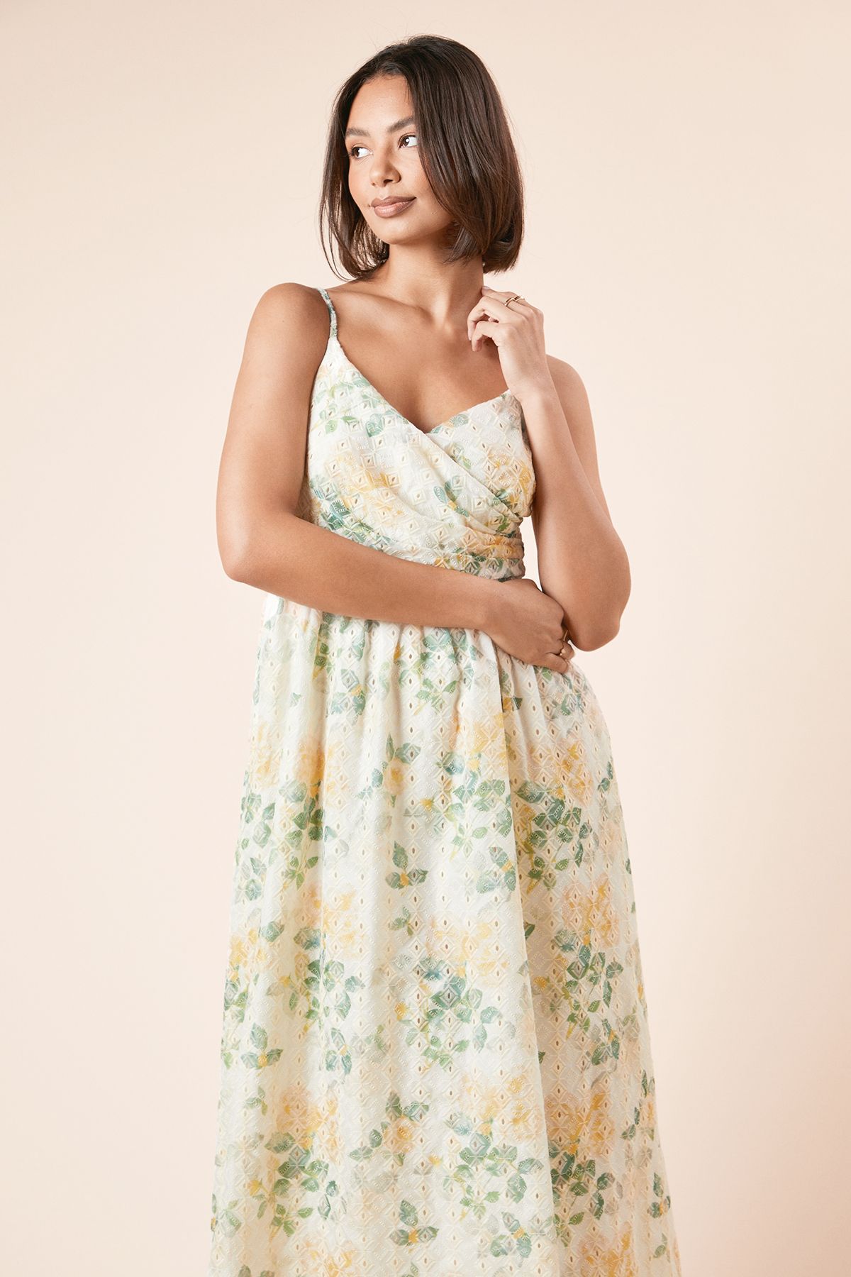 Dorothy Perkins Cutwork  Broderie Ball Strap Detail Wrap Midi Dress Lemon image 2