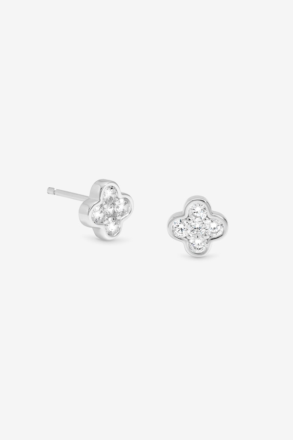 Simply Silver Sterling Silver 925 Polished and Cubic Zirconia Clover Stud Earrings