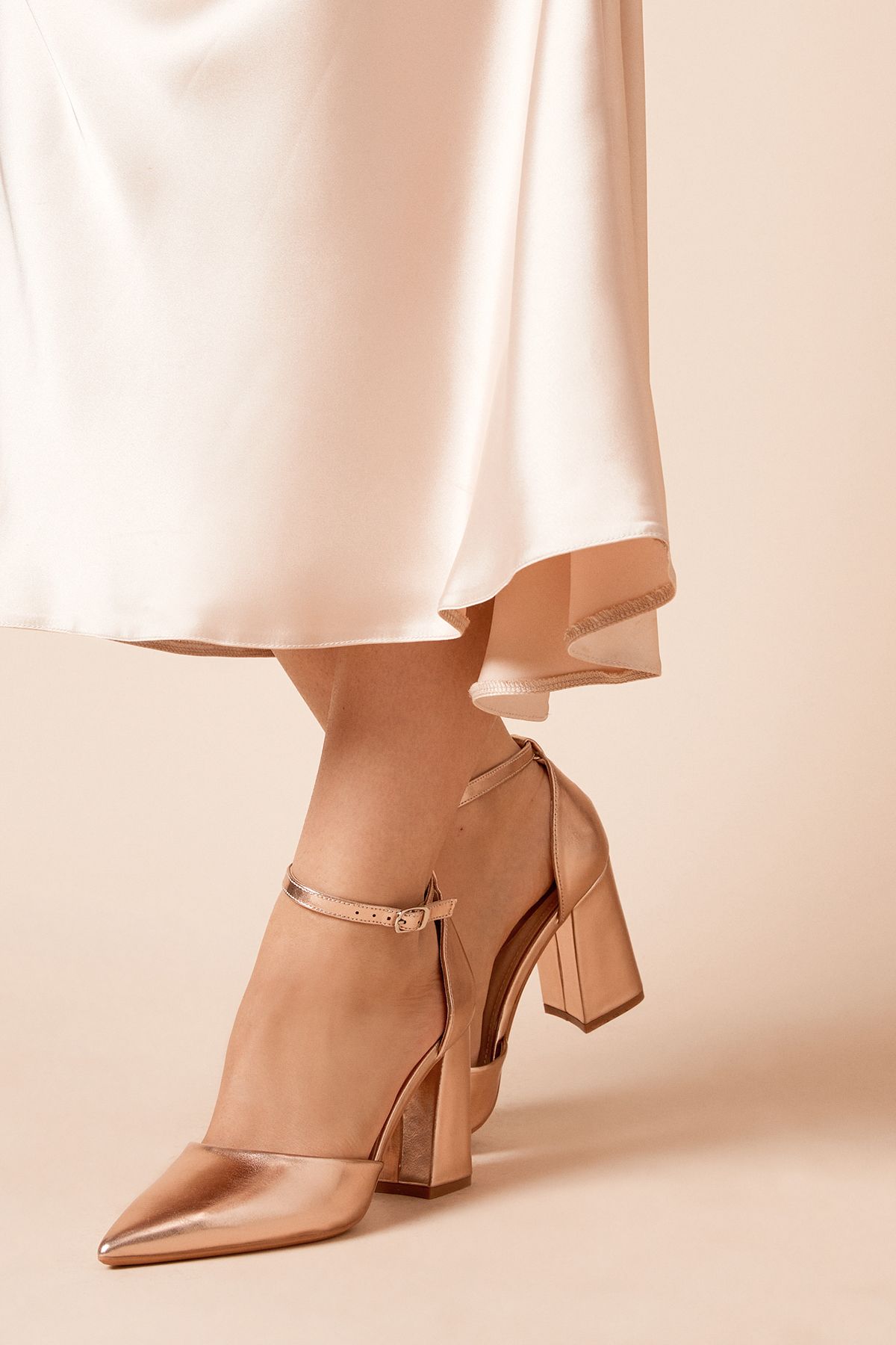 Dorothy Perkins Blanche Ankle Strap Pointed High Block Heel Court Shoes Rose Gold image 2