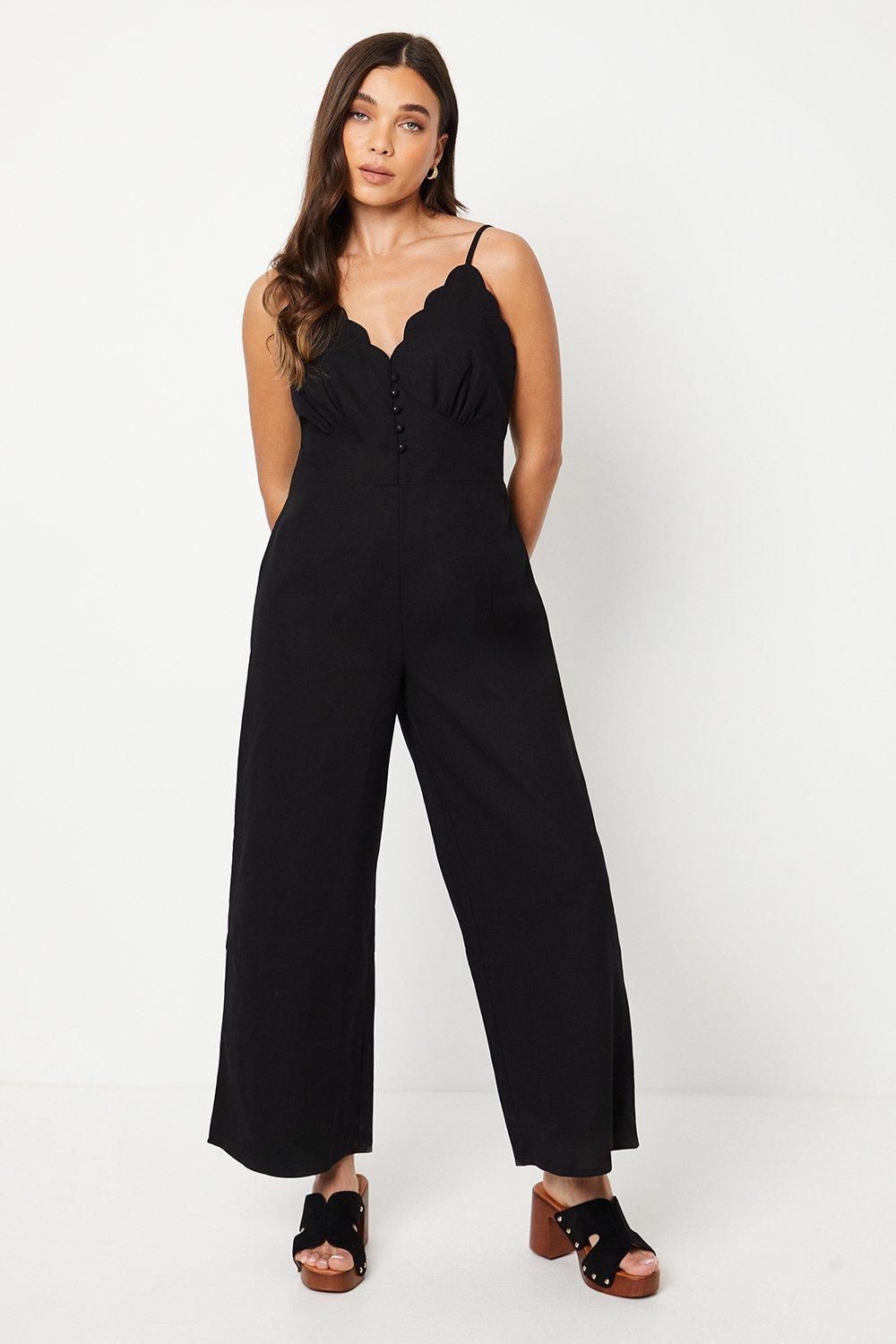 Oasis Petite Linen Scallop Edge Button Down Strappy Jumpsuit Black image 1