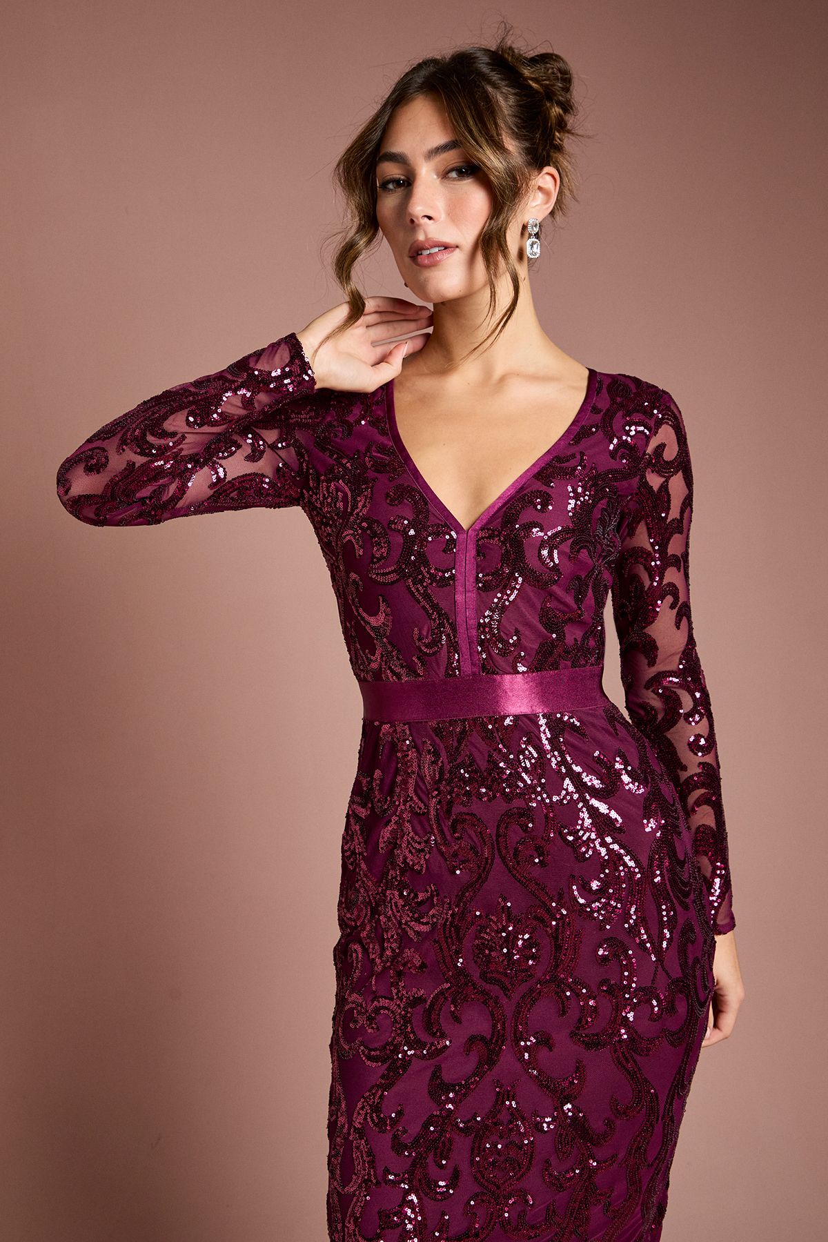 Coast Long Sleeve Bodycon Sequin Midi dress Burgundy image 2