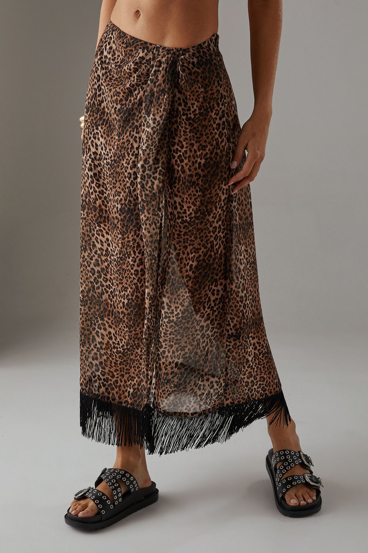 Warehouse Printed Knot Front Tassel Hem Midi Skirt Leopard image 2
