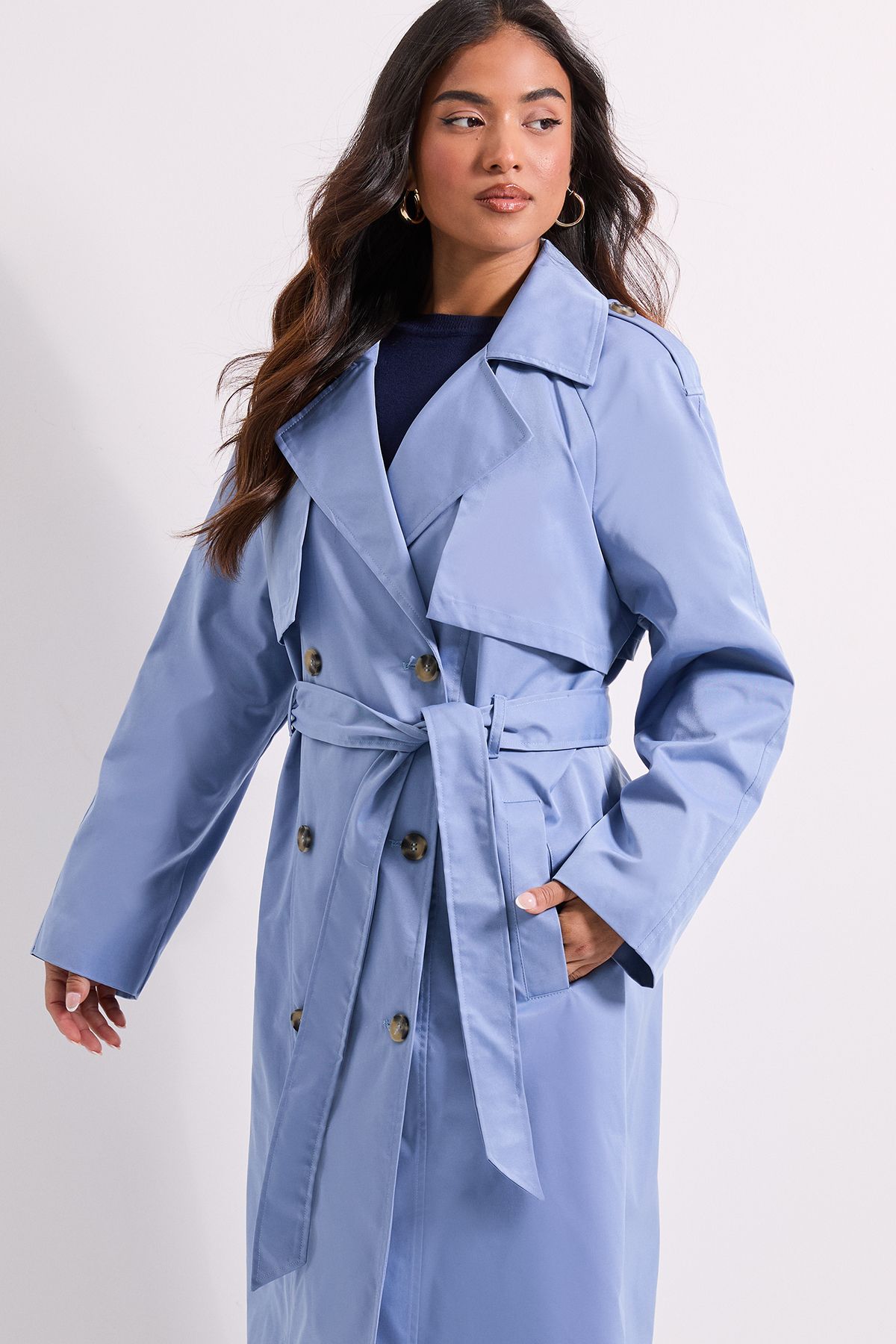 Dorothy Perkins Petite Longline Double Breasted Belted Trench Coat Light Blue image 2