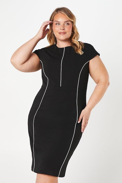 Coast Plus Ponte Pencil Dress With Satin Piping Black