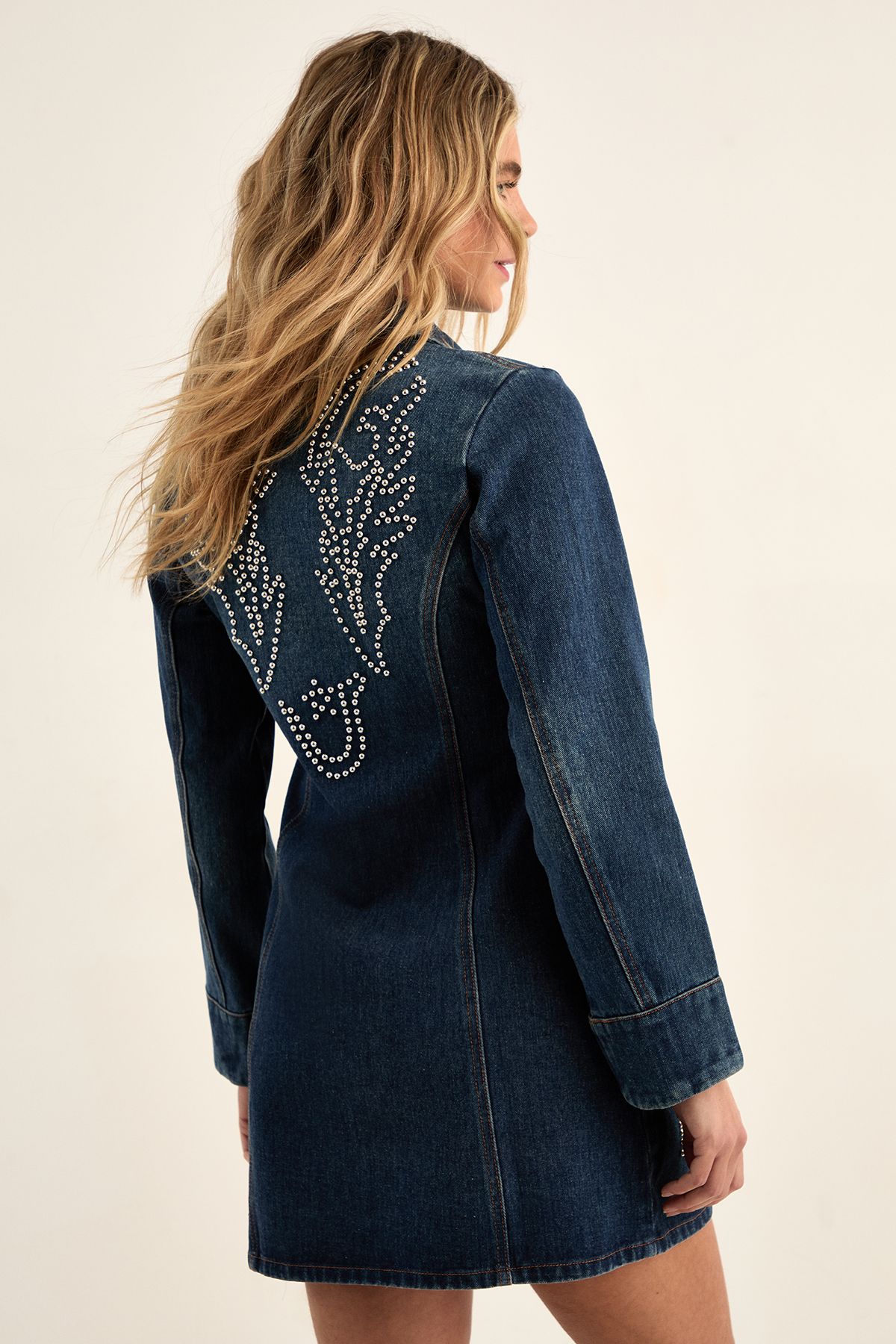 NastyGal Western Studded Zip Front Denim Mini Dress Authentic Midwash image 4