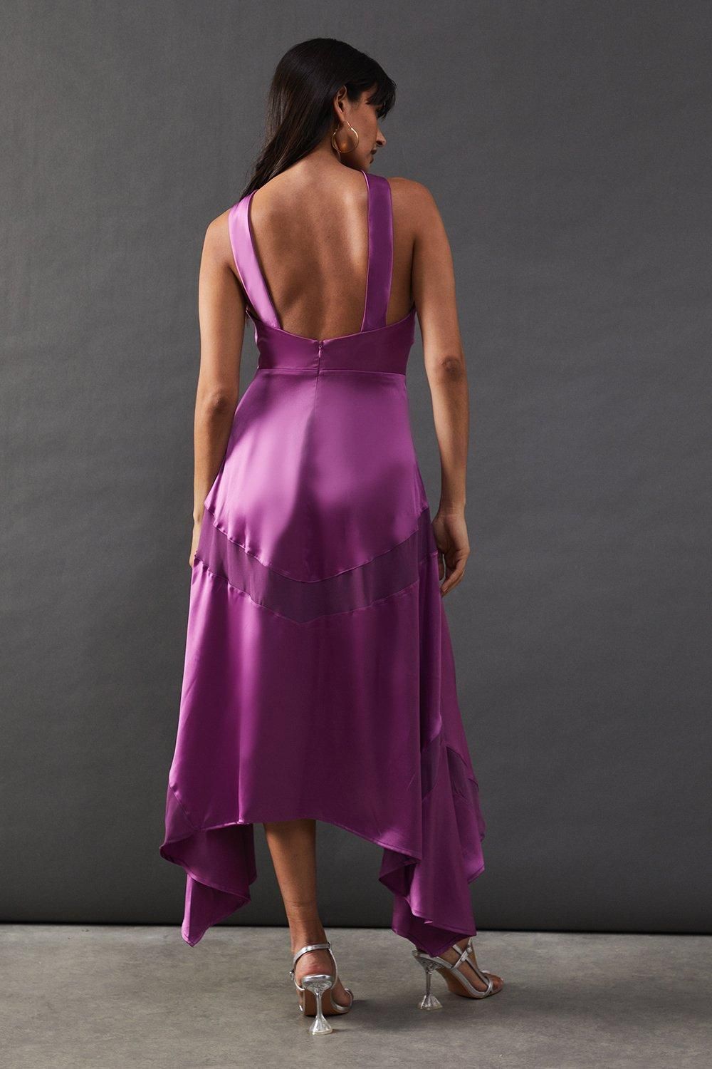 Warehouse Satin Cross Front Chiffon Insert Hanky Hem Midi Dress Purple image 3