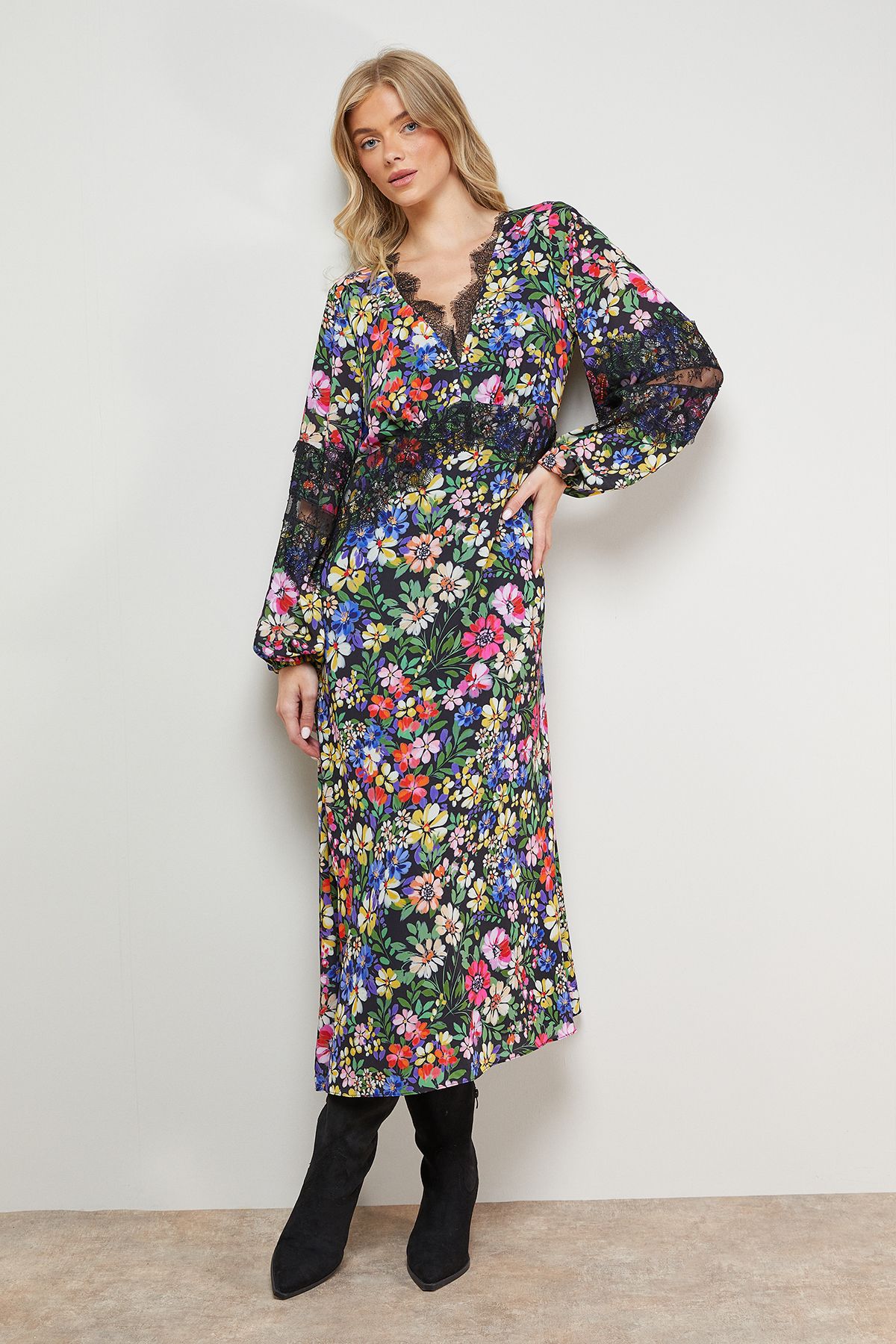 Oasis Printed Lace Insert Bias Midi Dress Multi