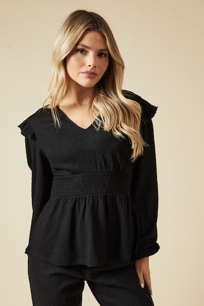 Dorothy Perkins Black Ruffle shoulder shirred waist long sleeve top Black