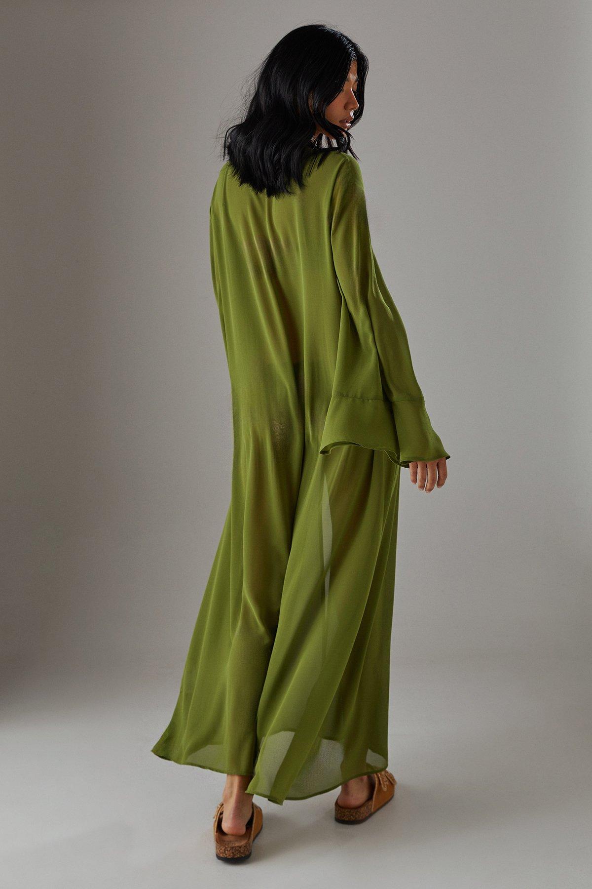 Warehouse Printed Maxi Tie front Kimono Olive image 4
