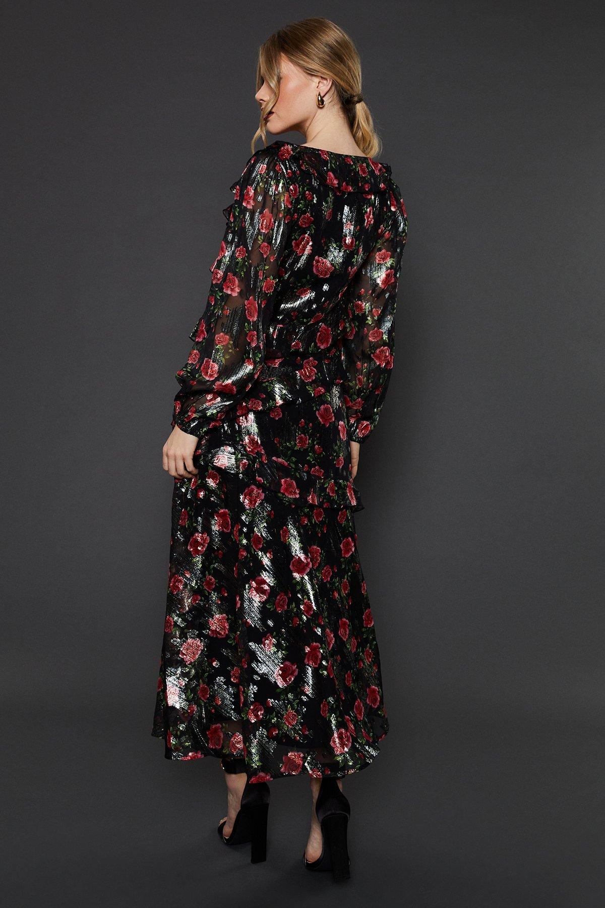 Dorothy Perkins Black Floral Ruffle Long Sleeve Chiffon Metallic Midi Dress Floral image 3