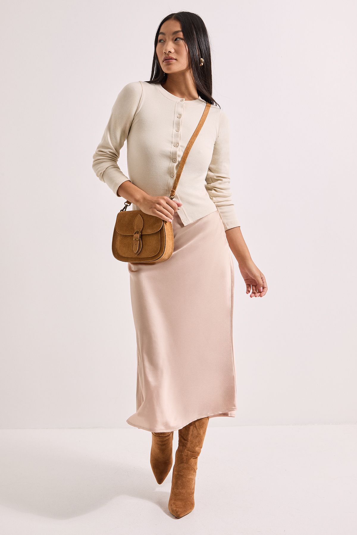 Dorothy Perkins Petite Satin Bias Cut Skirt Champagne image 1