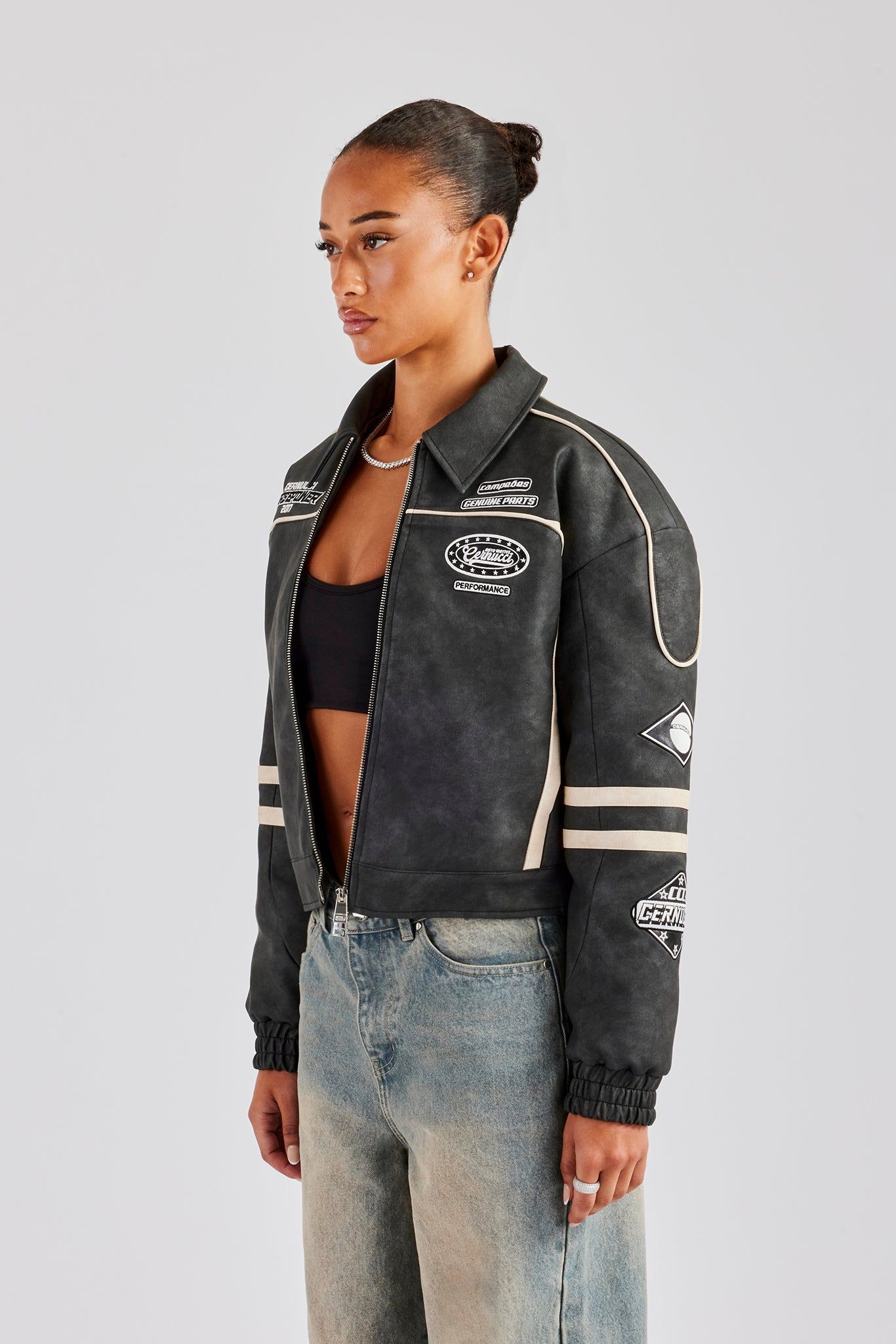 Cernucci PU Moto Badge Harrington Jacket - Charcoal image 3