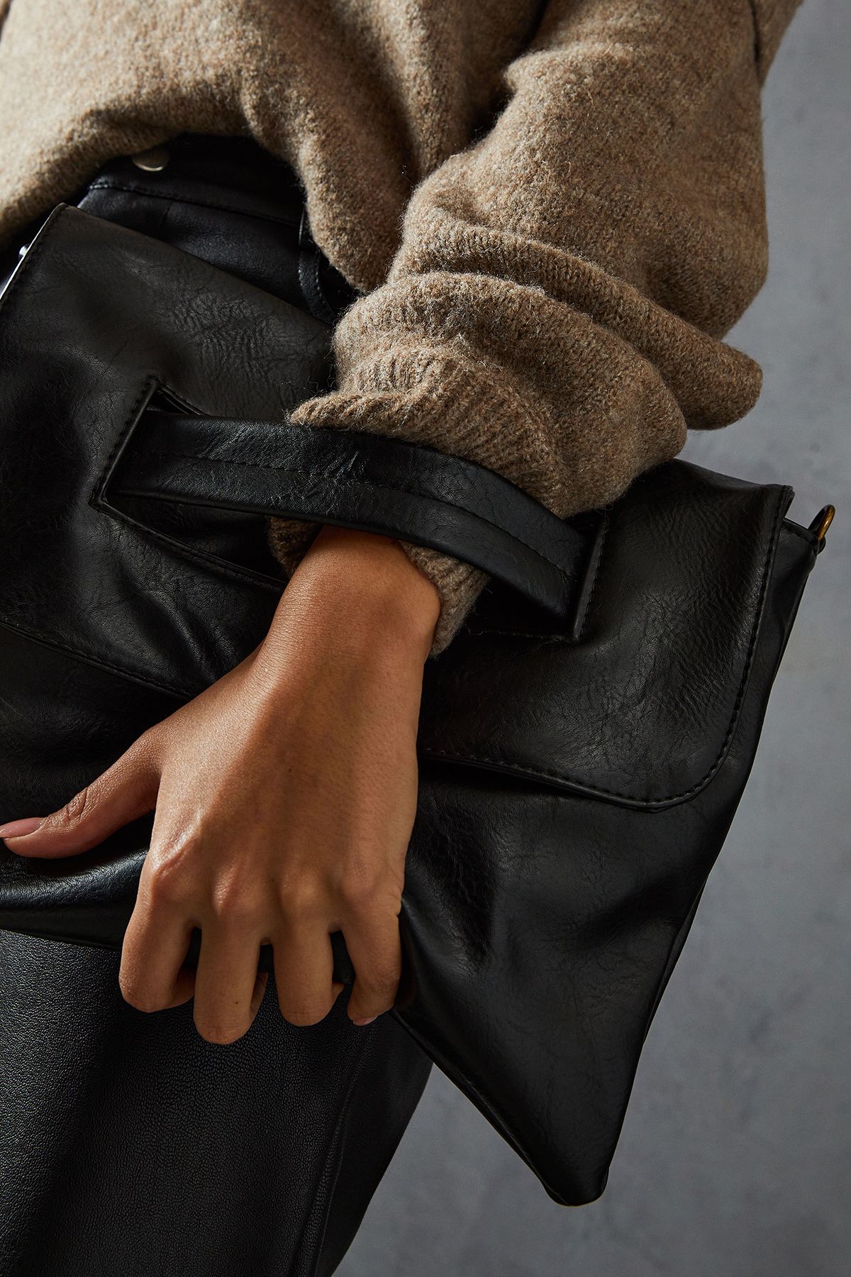 MissPap Oversized Leather Look Clutch Bag with Handle Black image 2