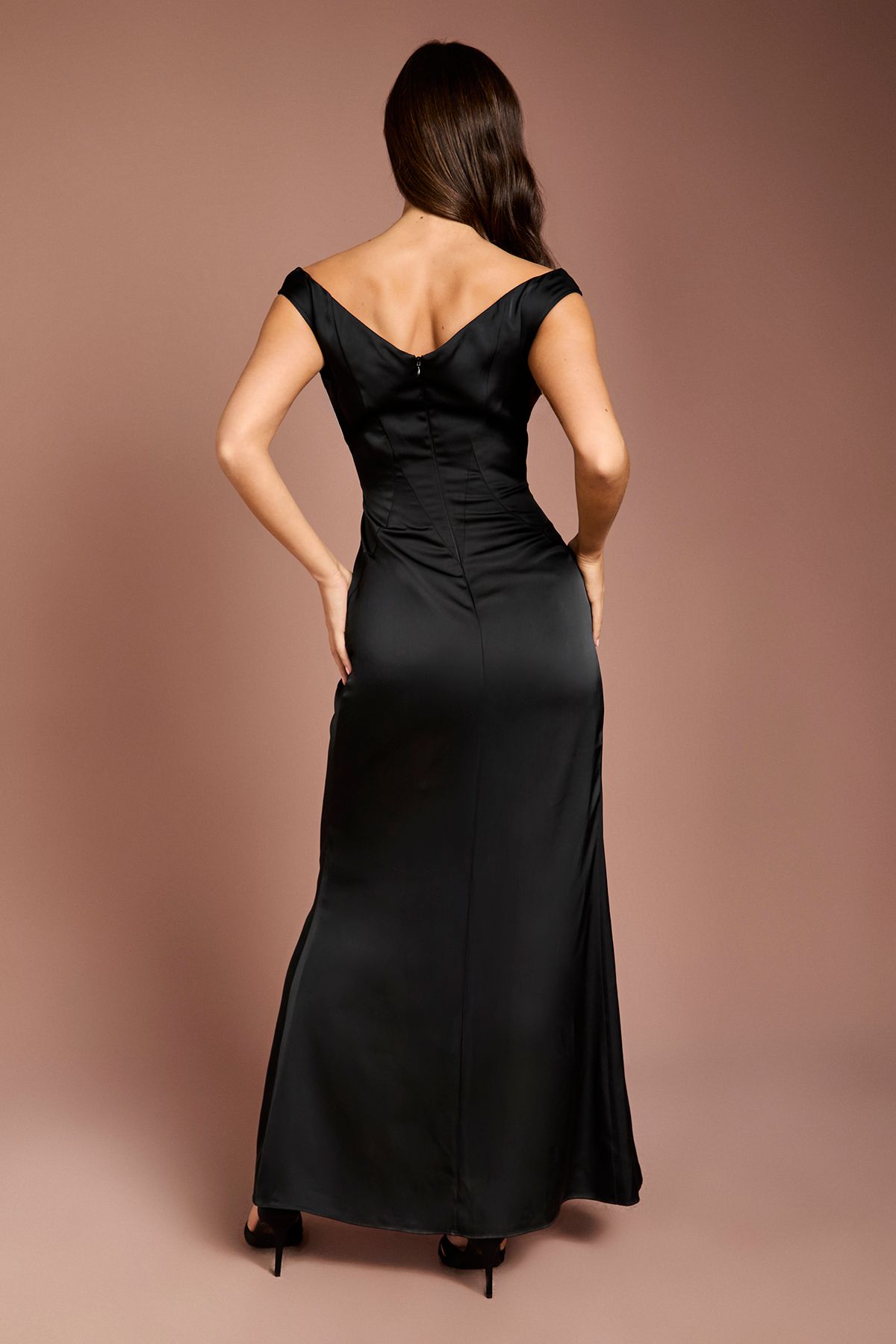 Coast Satin Bardot Bridesmaid Maxi Dress with Waist Ruching Detail Black image 3