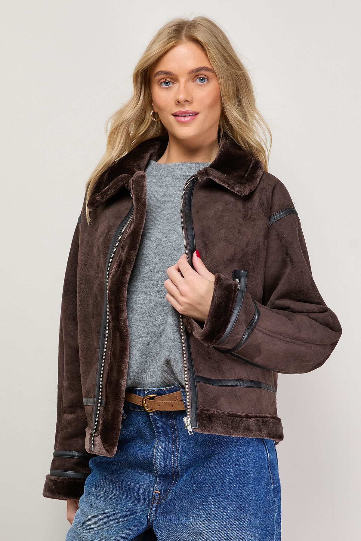 Oasis Zip Through Faux Leather Short Aviator Jacket Chocolate image 2