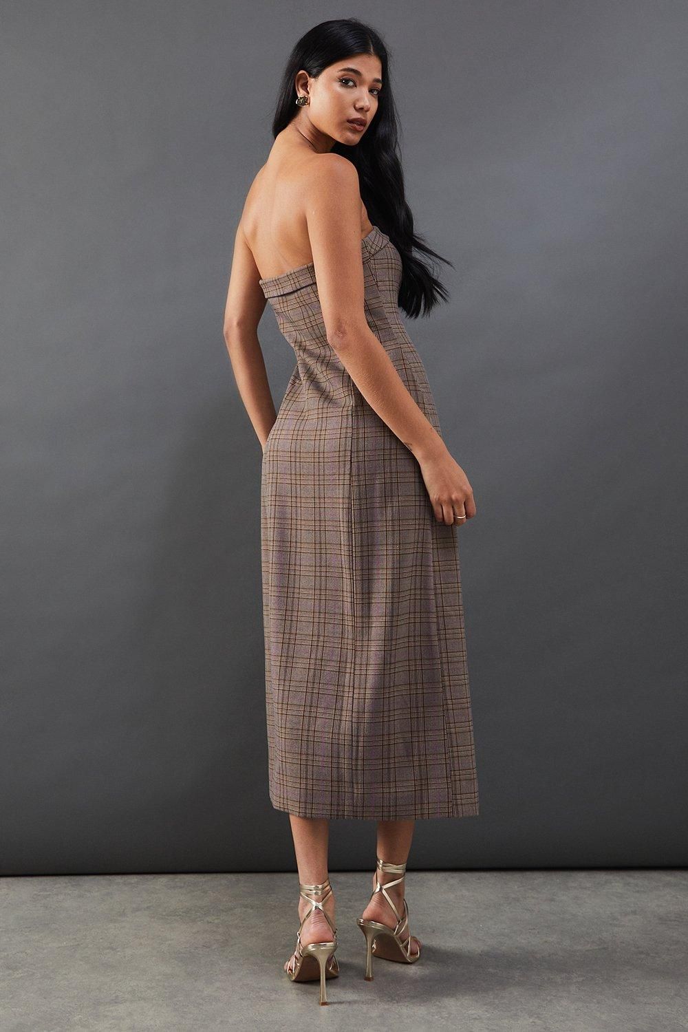 Warehouse Premium Check Bandeau Double Breasted Midi Dress Brown image 3