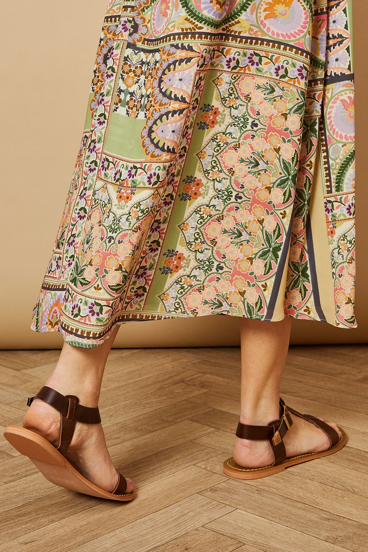 Oasis Fia Real Leather Buckle Detail T-Bar Flat Sandals Brown image 4