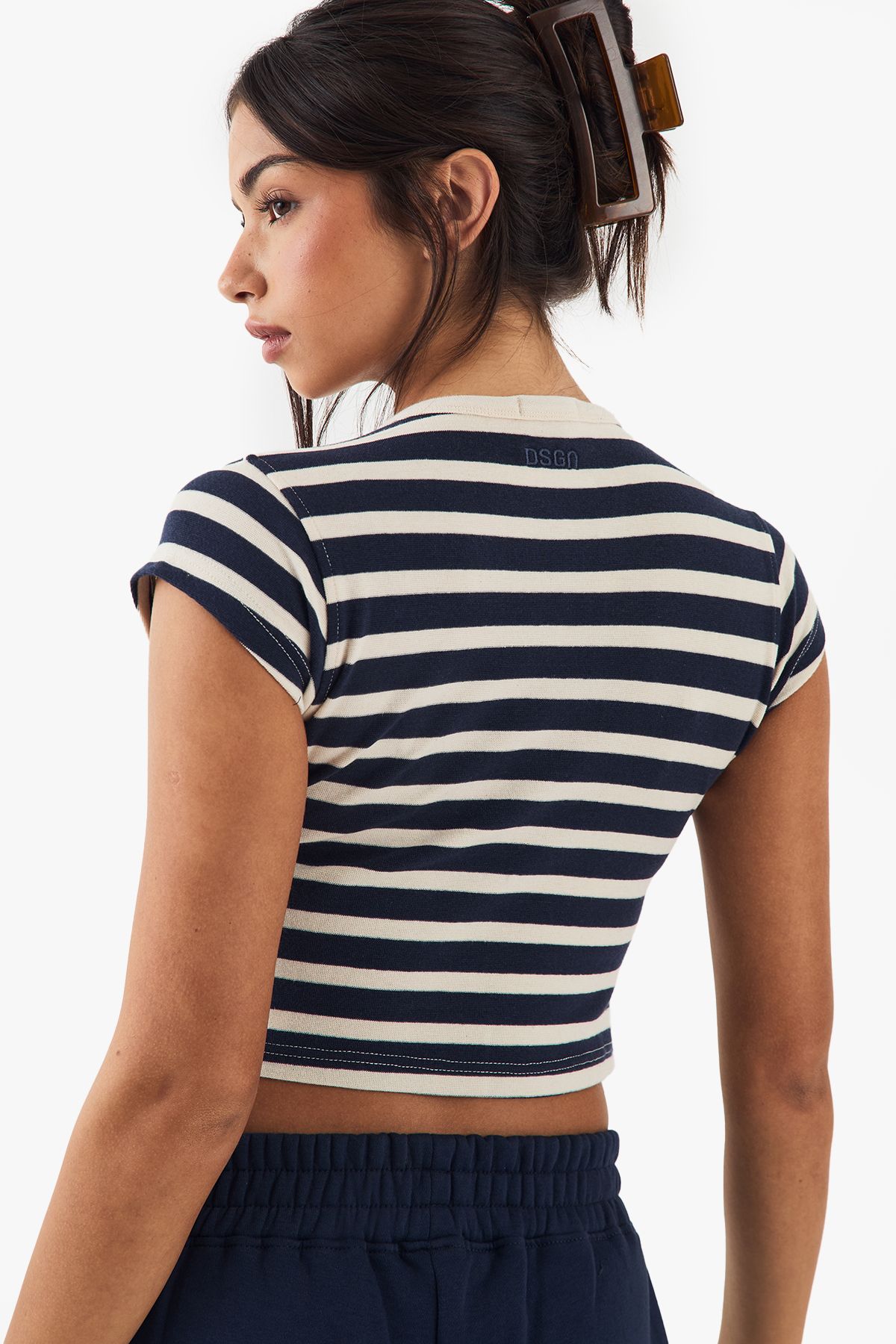 DSGN Studio DSGN Studio Stripe Button Detail Short Sleeve Top Navy image 1