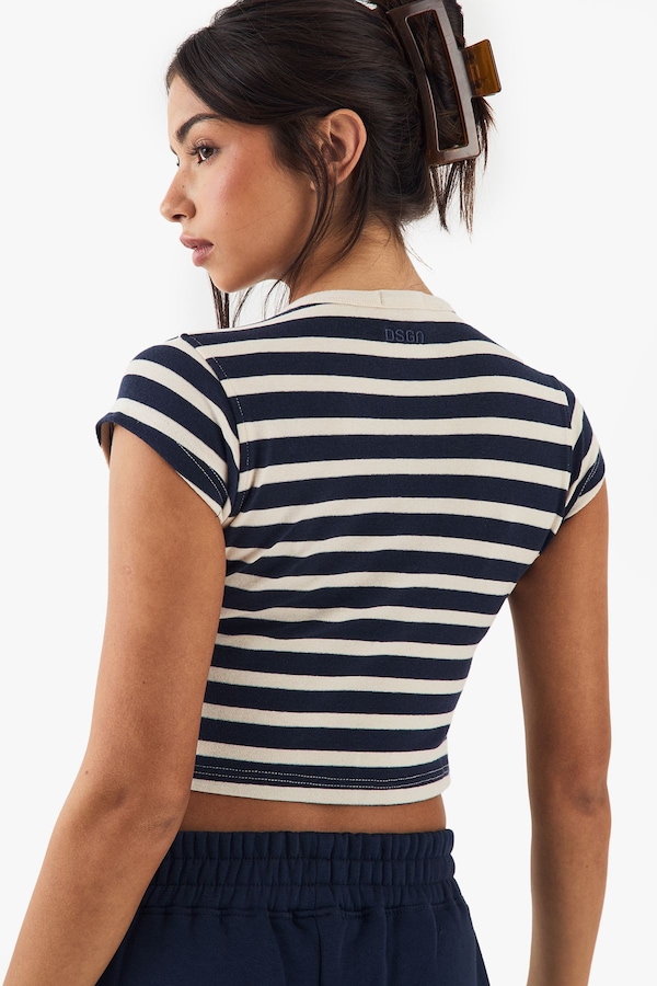 DSGN Studio DSGN Studio Stripe Button Detail Short Sleeve Top Navy