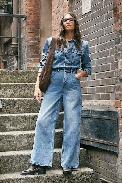 NastyGal Denim Shoulder Pad Boilersuit Stonewash