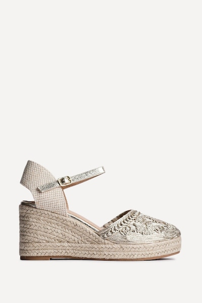 Linzi Mystic Gold Embroidered Closed-Toe Espadrille Wedge