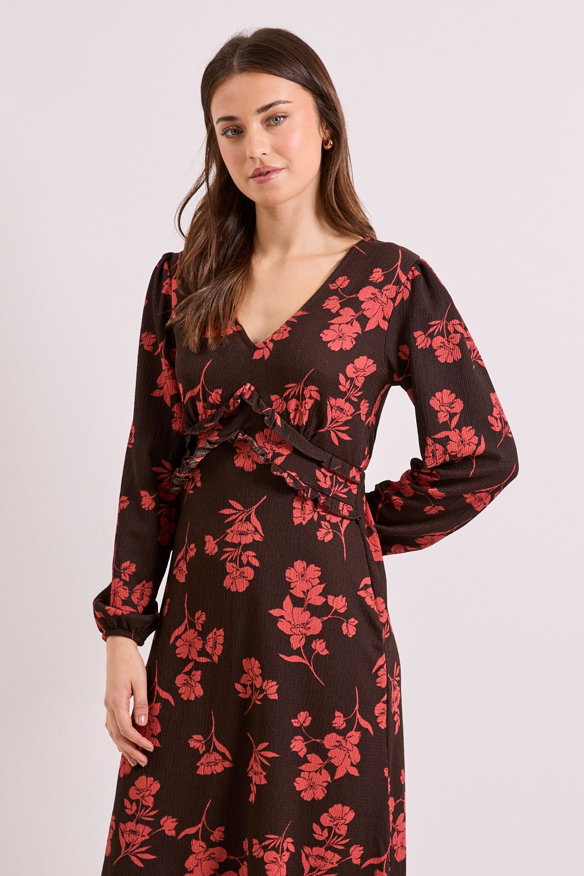 Dorothy Perkins Burgundy Floral V Neck Empire Seam Blouson Sleeve Jersey Midi Dress Burgundy image 2