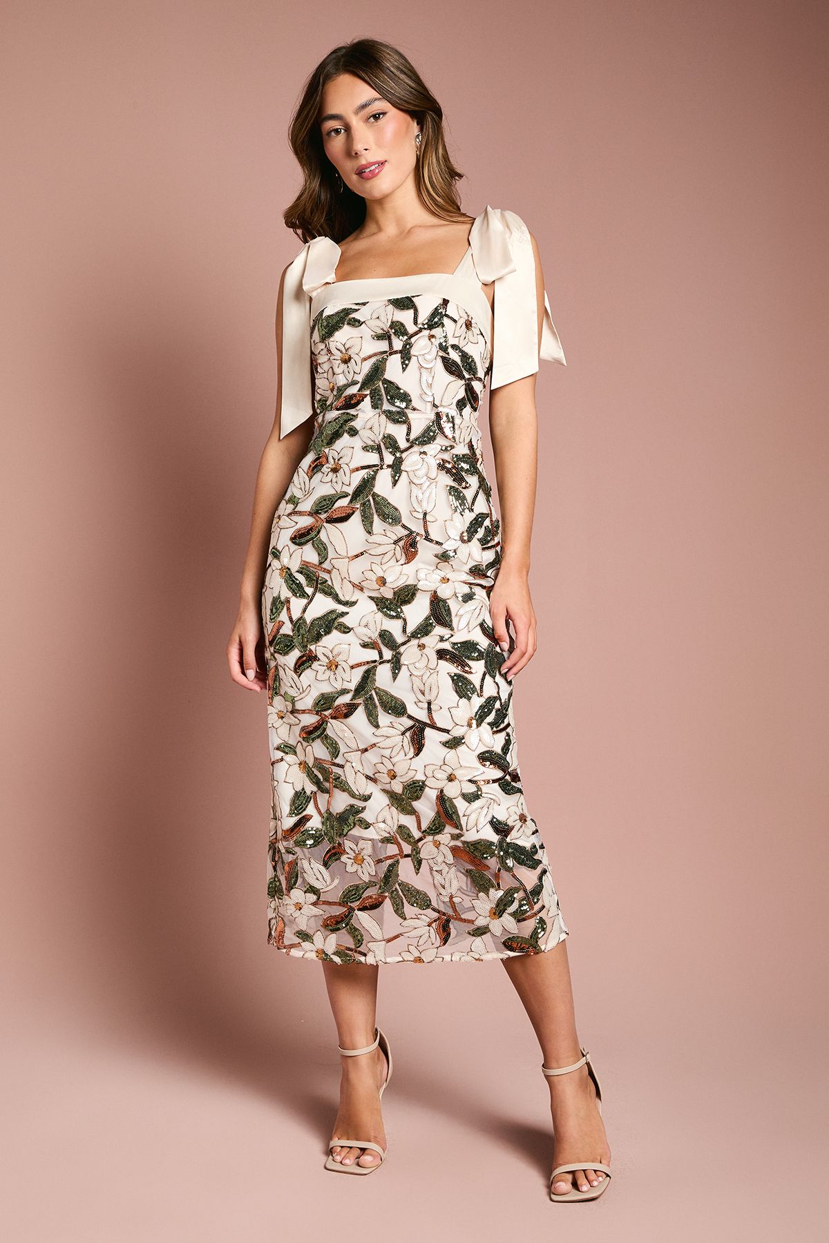 Coast Satin Trim Floral Sequin Column Midi Dress Nude image 1