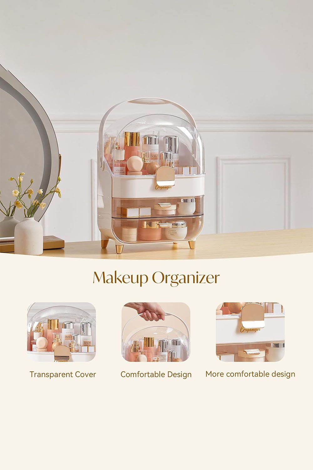 SHEONLY Makeup Storage Organizer with Lid, Waterproof Cosmetics Skincare Organizer for Vanity image 3