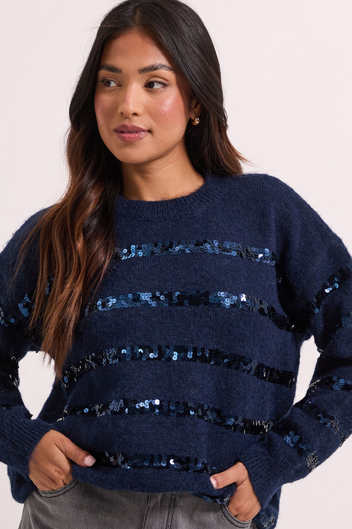 Dorothy Perkins Petite Navy Sequin Stripe Knitted Jumper Dark Navy image 3