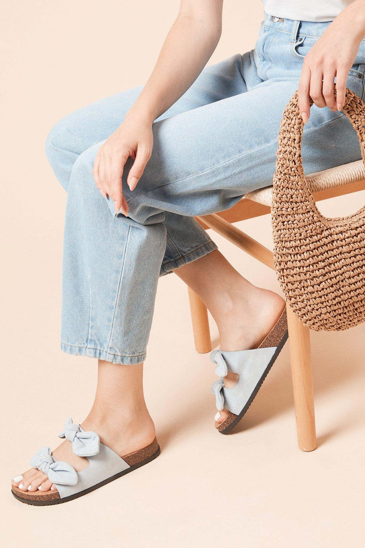 Dorothy Perkins Bryony Faux Suede Double Bow Footbed Sandals Blue image 1