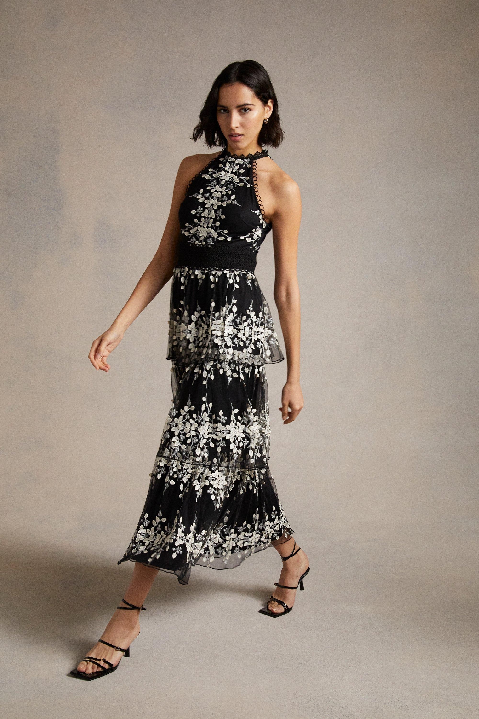 Oasis Floral Embroidered Tulle Tiered Halter Midi Dress Blackwhite