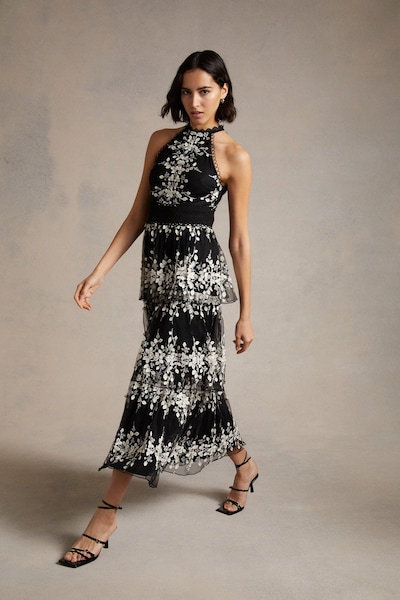 Oasis Floral Embroidered Tulle Tiered Halter Midi Dress Blackwhite