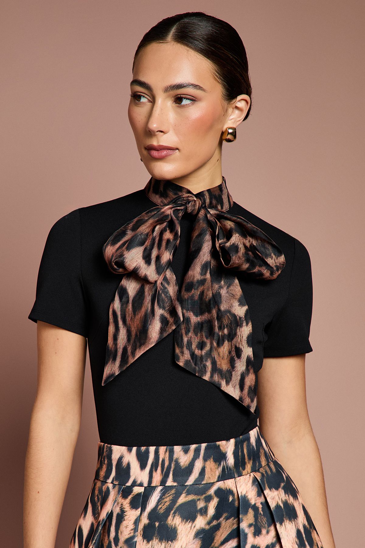 Coast Lisa Tan Short Sleeve Bodysuit With Leopard Tie Neck Black image 1