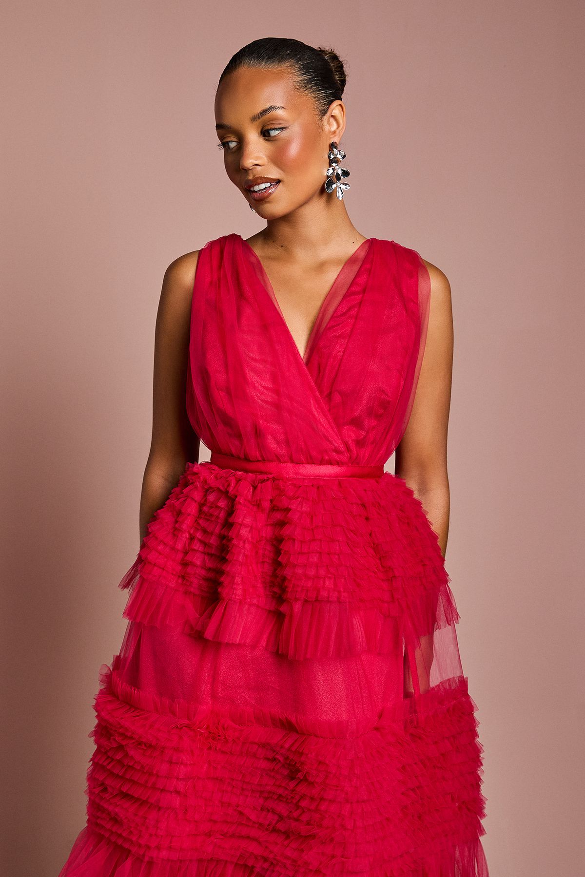 Coast Petite Sleeveless Mesh Tiered Maxi Dress Raspberry image 2