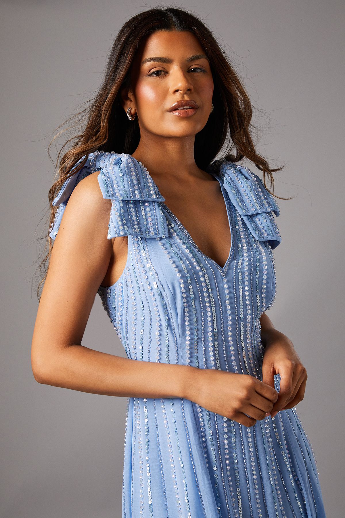 Coast Petite Bow Shoulder Embellished Midi Dress Cornflower Blue image 3