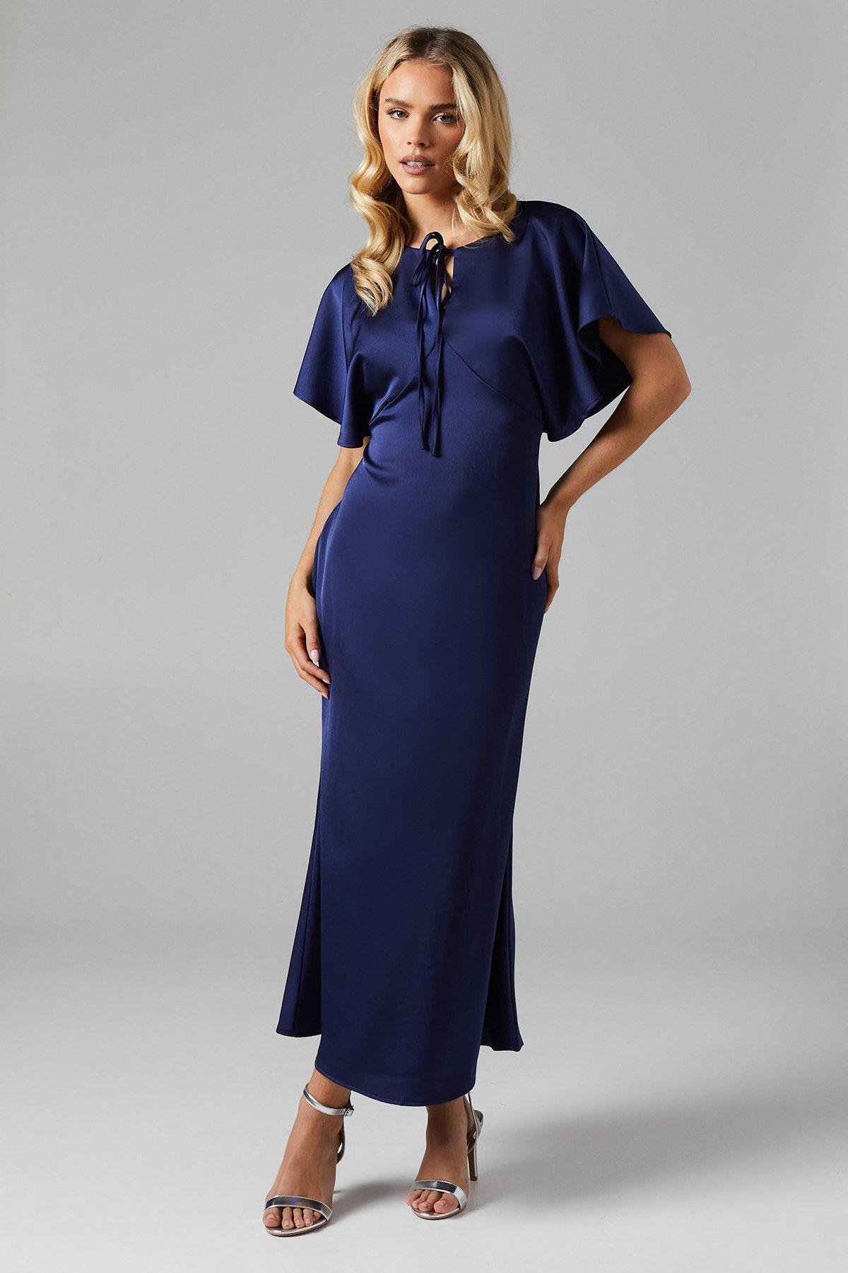 Oasis Petite Cape Sleeve Satin Bridesmaids Midi Dress Navy image 1
