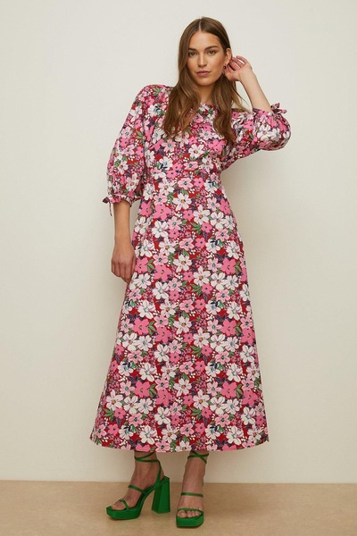 Oasis Artbox Floral Tie Cuff Printed Midi Dress Pink