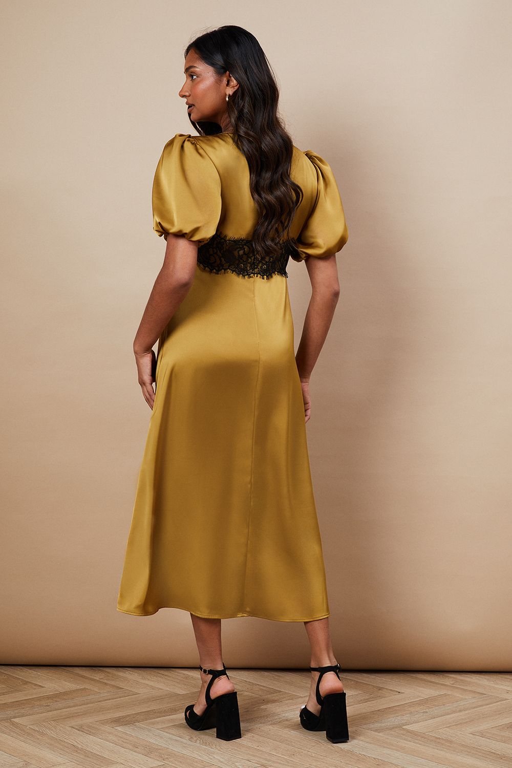 Oasis Occasion Satin Lace Waist Midi Dress Gold image 3