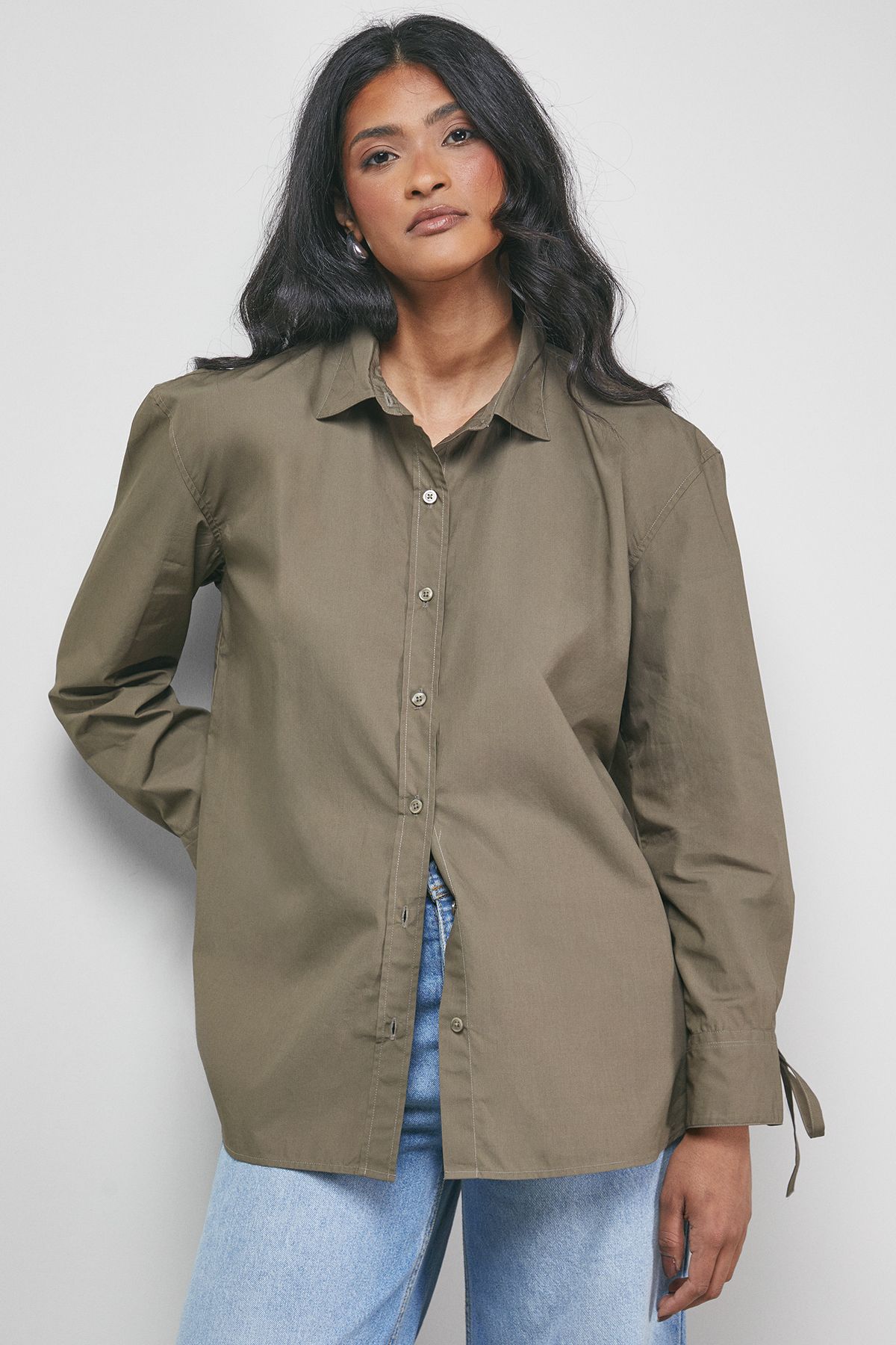 Warehouse Oversized Bow Back Shirt Olive image 4