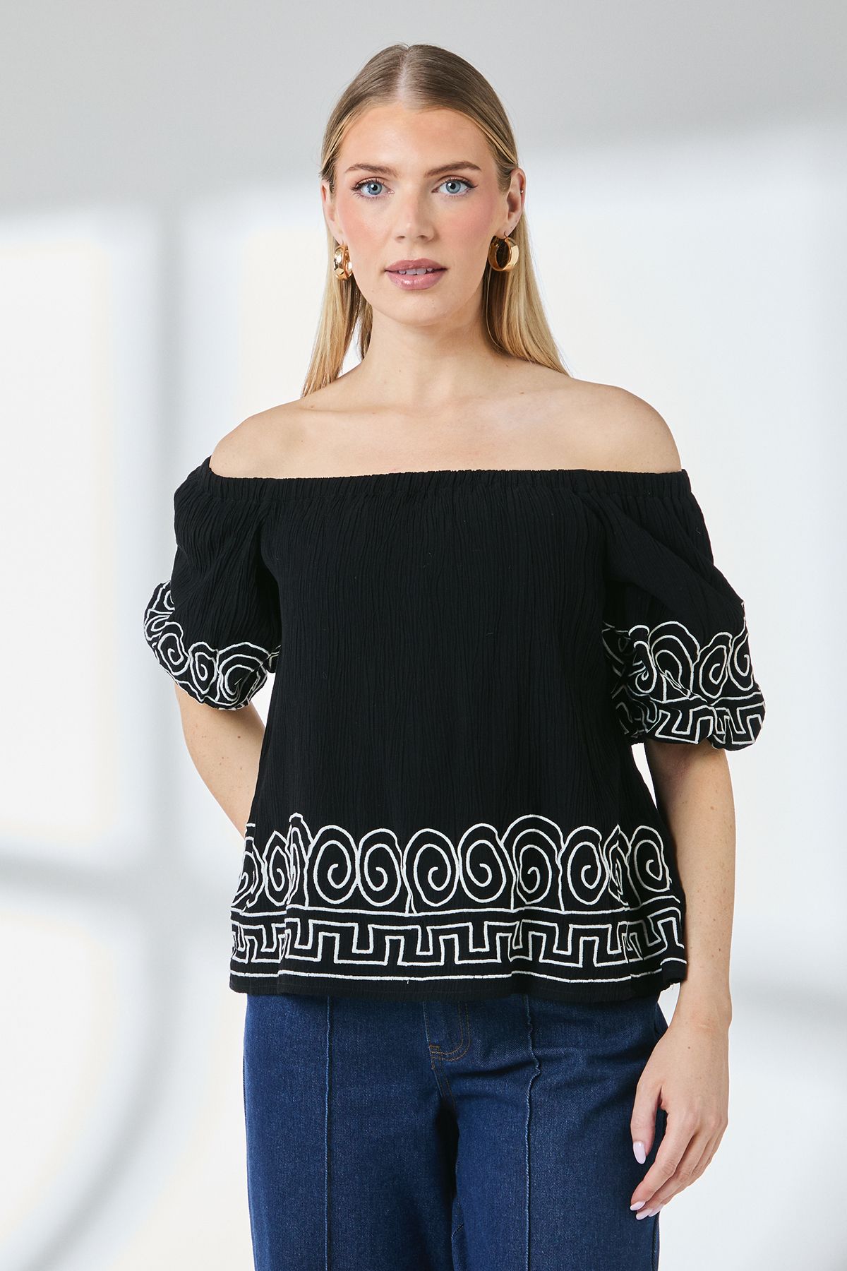 Principles Crinkle Bardot Bubble Sleeve Top Black image 2