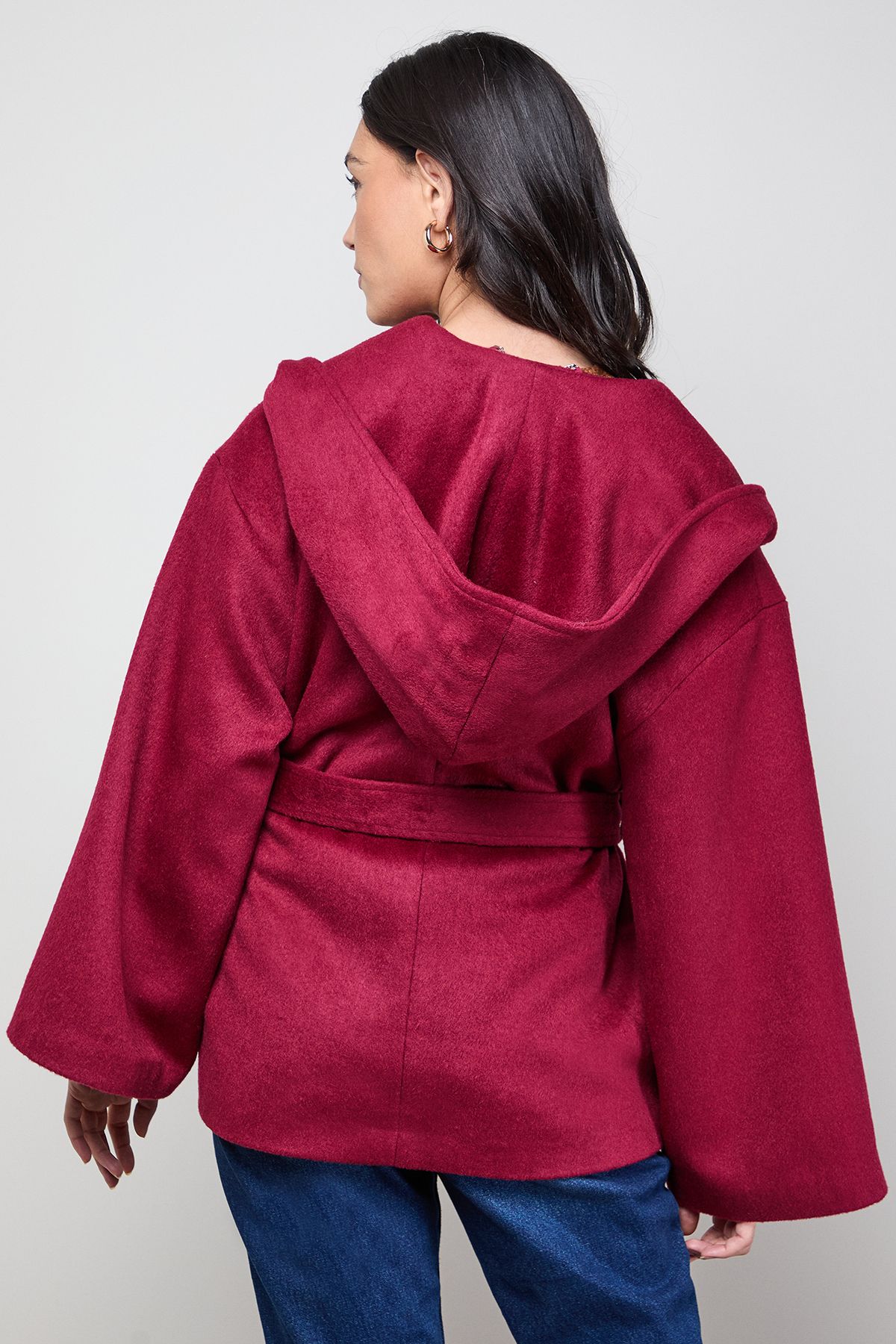 Oasis Hooded Cropped Belted Coat Berry image 4