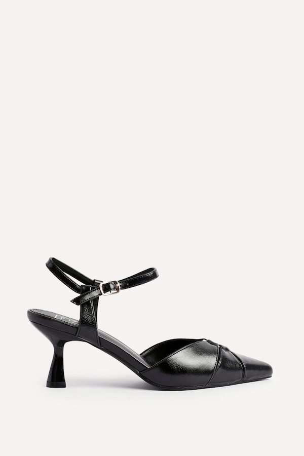 Linzi Pivot Black Faux Leather Stiletto Court Heel